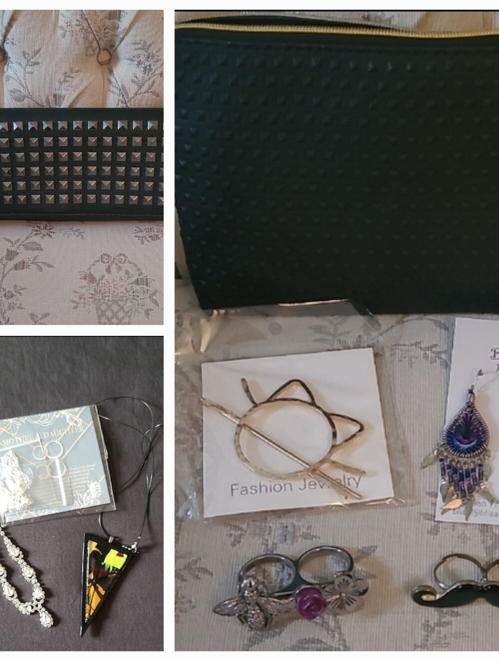 Fashion Jewelry Set With Studded Clutch And Makeup Bag